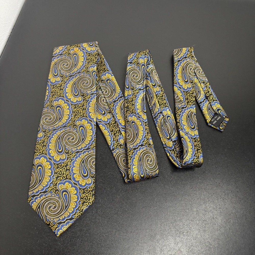 Vintage Beau Brummel Tie Blue Black Yellow‎ Paisley Hand Made 100% Silk Soho Pin